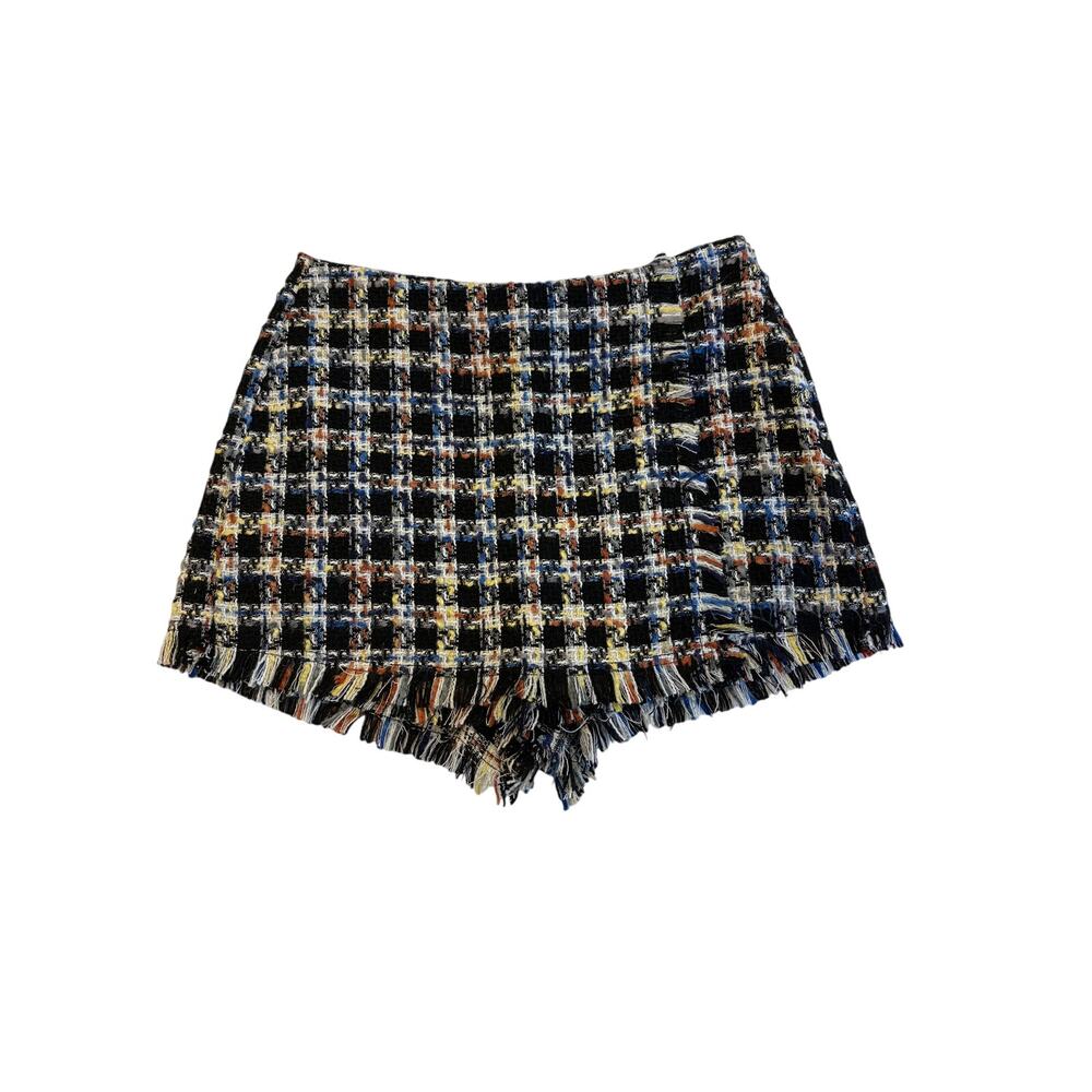 Zara women Mini Tweed Multicolor Skort w Fringe Accent M